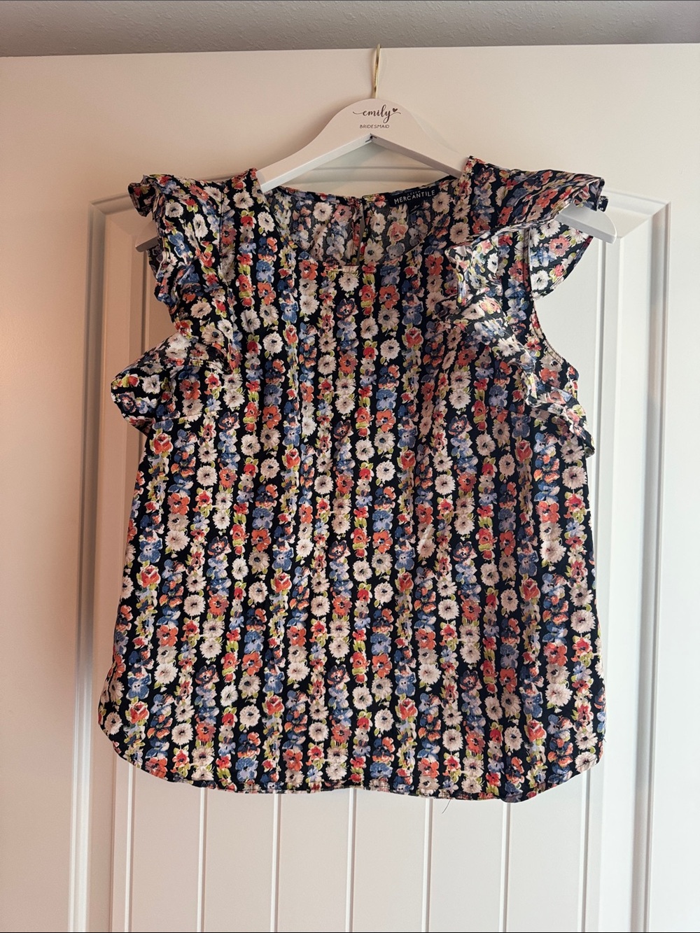 J. Crew Navy Floral Ruffle-Sleeve Blouse